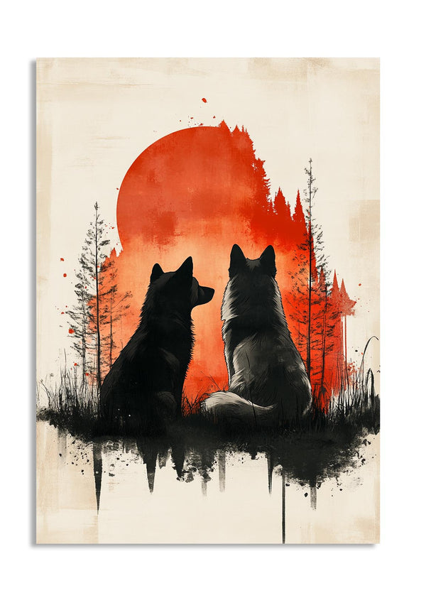 Two black wolves sitting in front of a red sun with trees on a beige background, as a premium aluminum metal print from GoMetalPrint.
