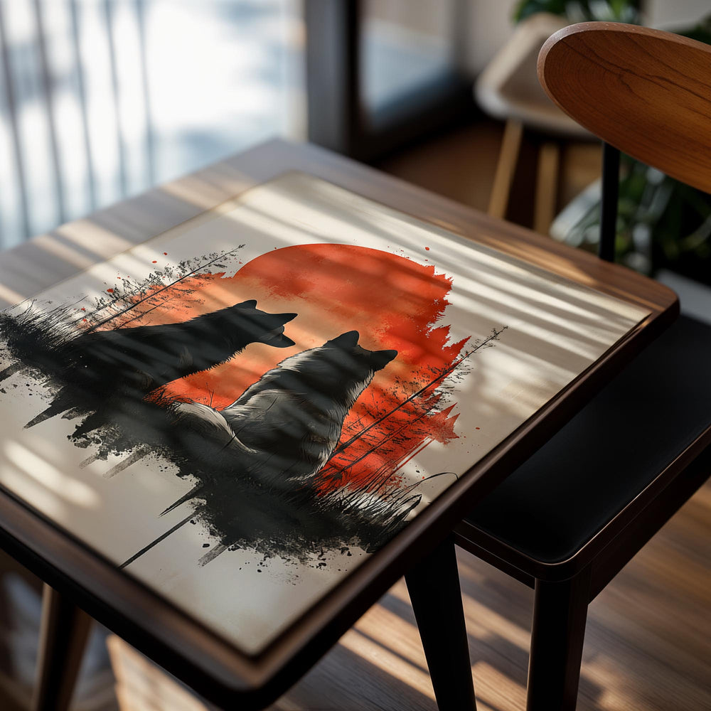 Two black wolves sitting in front of a red sun with trees on a beige background, as a premium aluminum metal print from GoMetalPrint.
