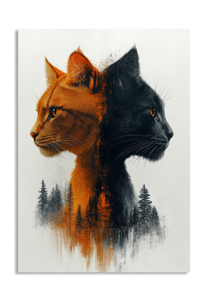 Artistic depiction of a half-orange, half-black cat with forest background, as a premium aluminum metal print from GoMetalPrint.

