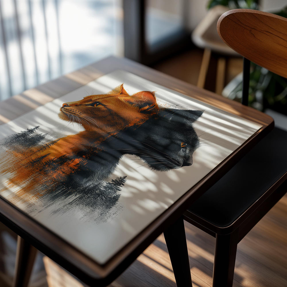 Artistic depiction of a half-orange, half-black cat with forest background, as a premium aluminum metal print from GoMetalPrint.
