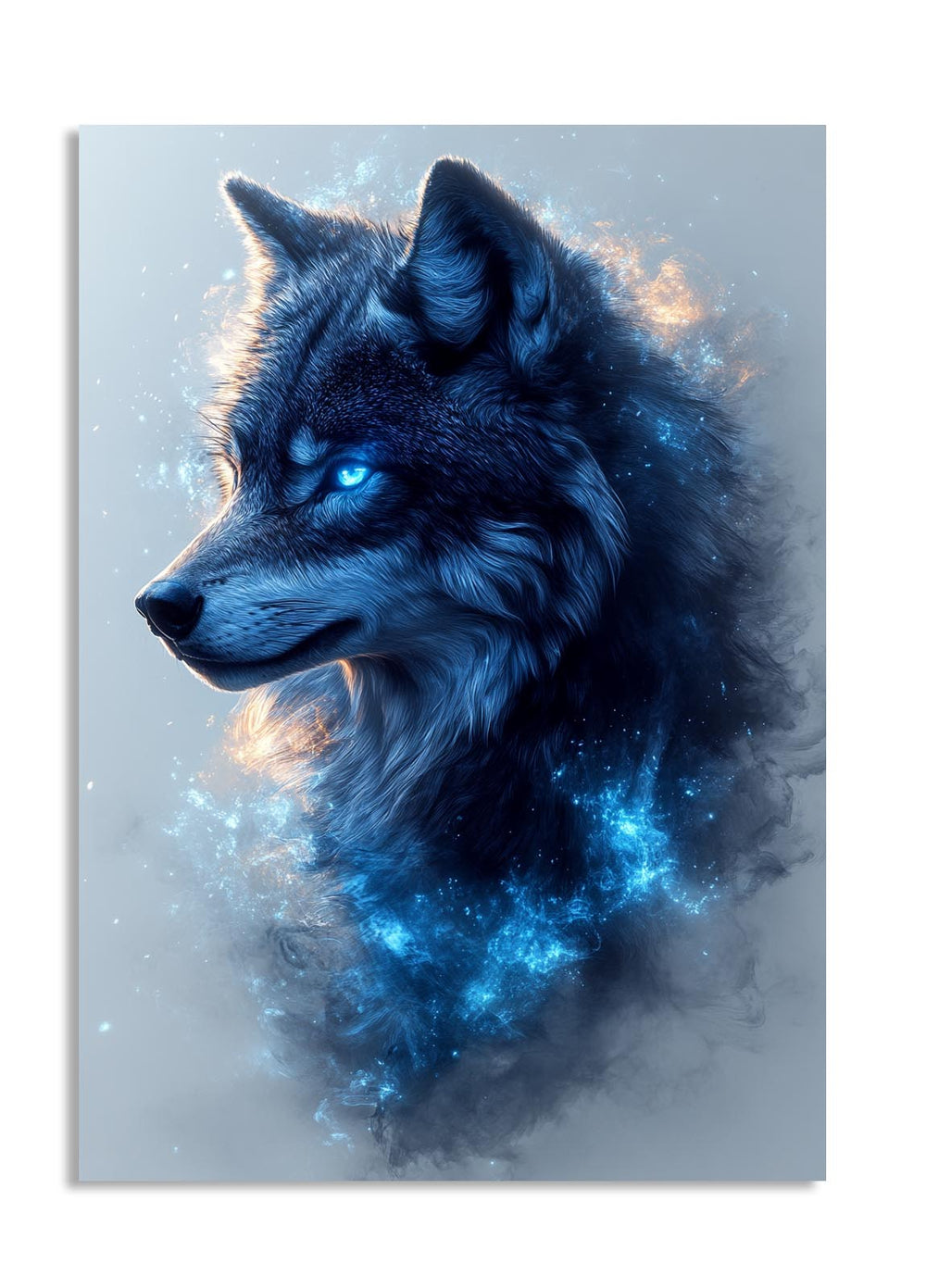 Wolf with glowing blue eyes and starry effect on a light gray background, as a premium aluminum metal print from GoMetalPrint.
