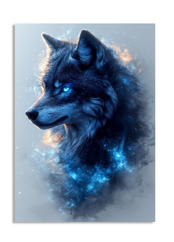 Wolf with glowing blue eyes and starry effect on a light gray background, as a premium aluminum metal print from GoMetalPrint.
