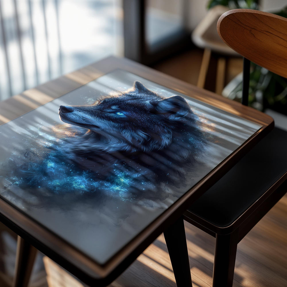 Wolf with glowing blue eyes and starry effect on a light gray background, as a premium aluminum metal print from GoMetalPrint.
