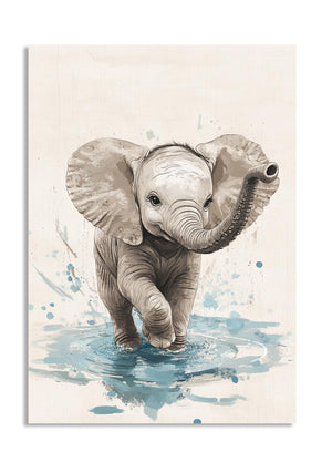 Illustration of a baby elephant in water with blue splashes on a beige background , as a premium aluminum metal print from GoMetalPrint.
