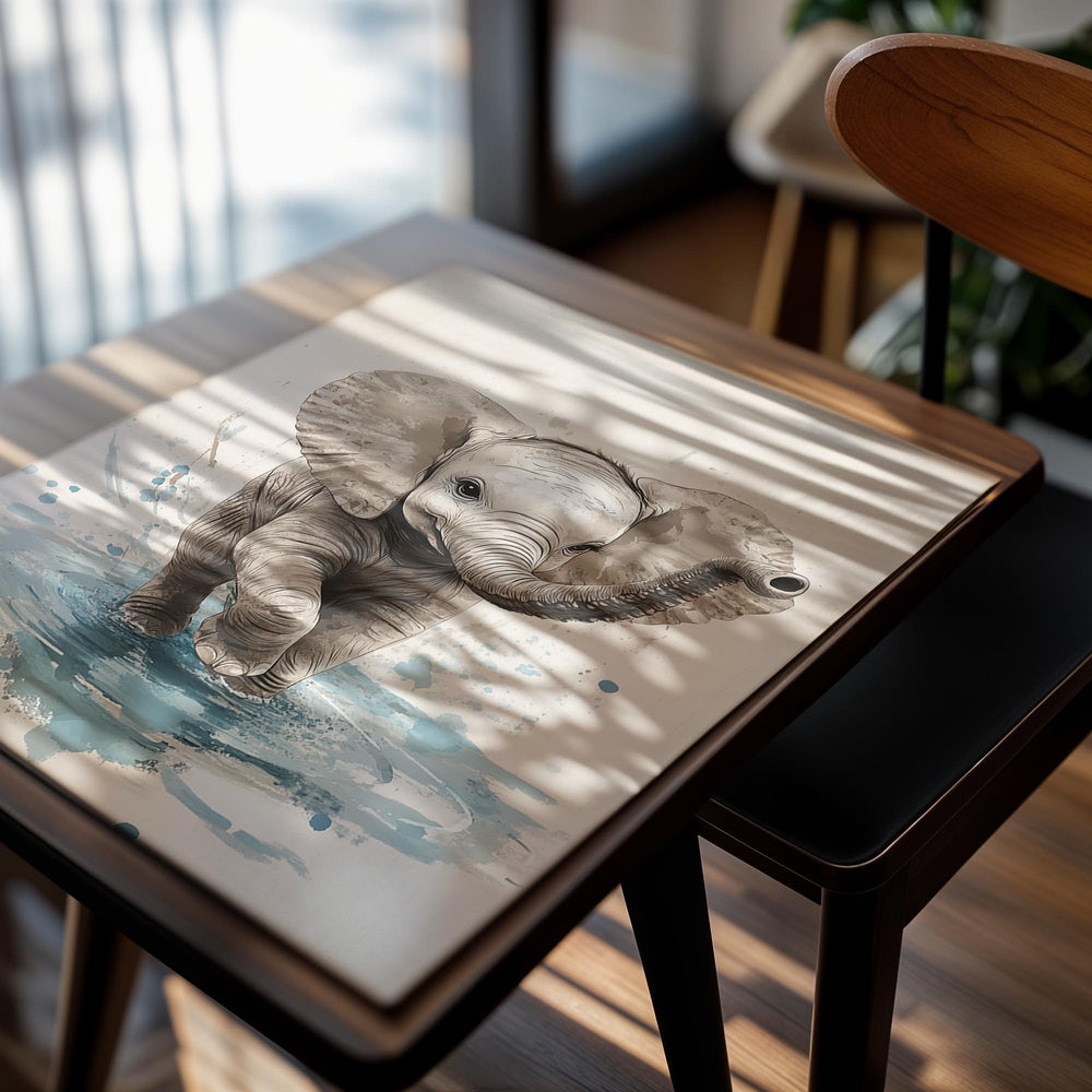 Illustration of a baby elephant in water with blue splashes on a beige background , as a premium aluminum metal print from GoMetalPrint.
