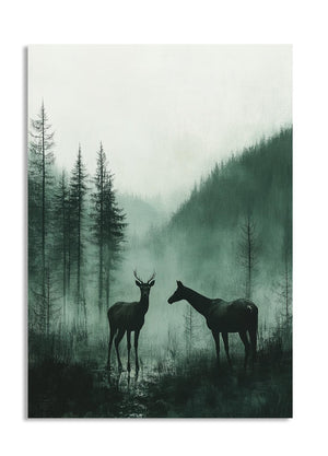 Two deer standing in a misty forest with a mountain in the background, as a premium aluminum metal print from GoMetalPrint.
