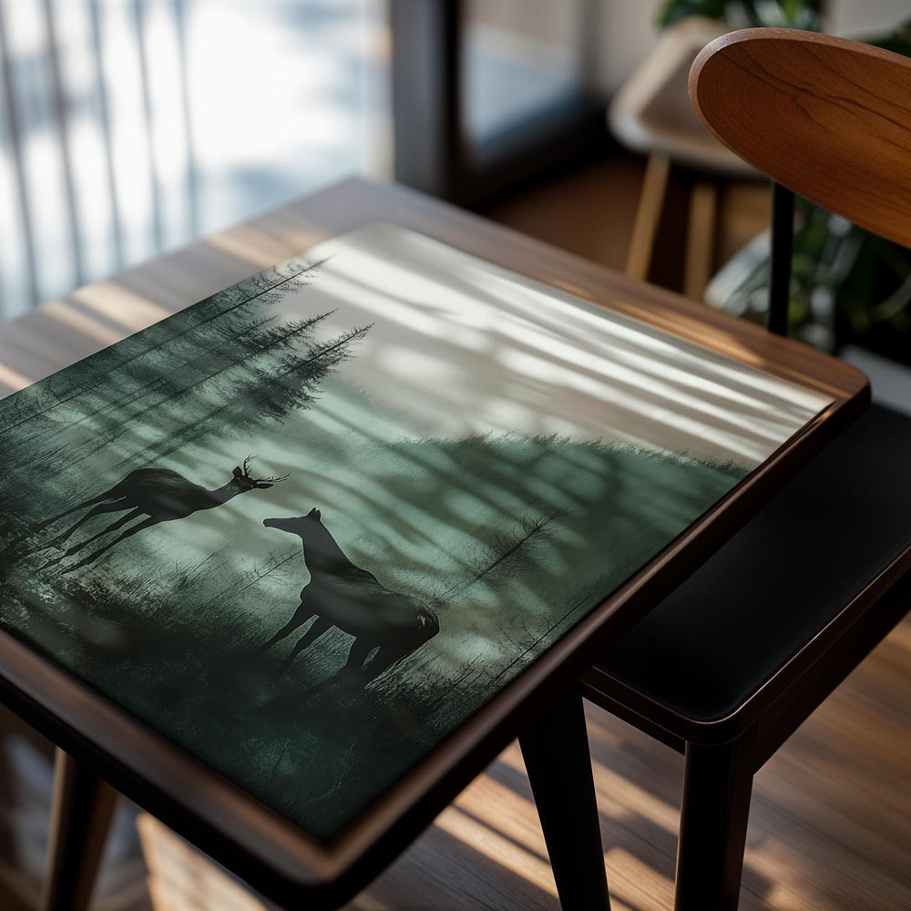 Two deer standing in a misty forest with a mountain in the background, as a premium aluminum metal print from GoMetalPrint.
