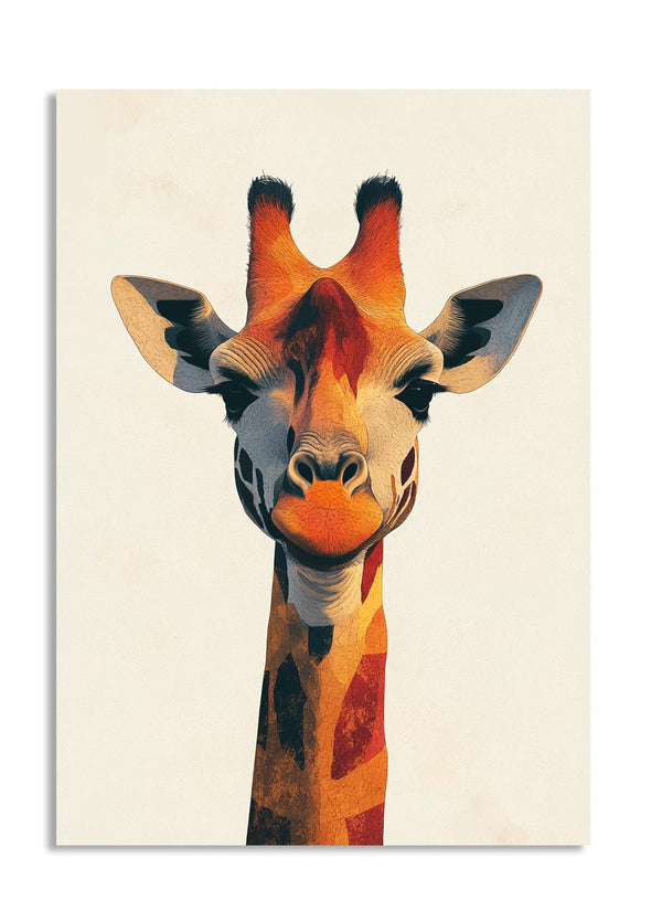 Giraffe head illustration on a beige background, as a premium aluminum metal print from GoMetalPrint.
