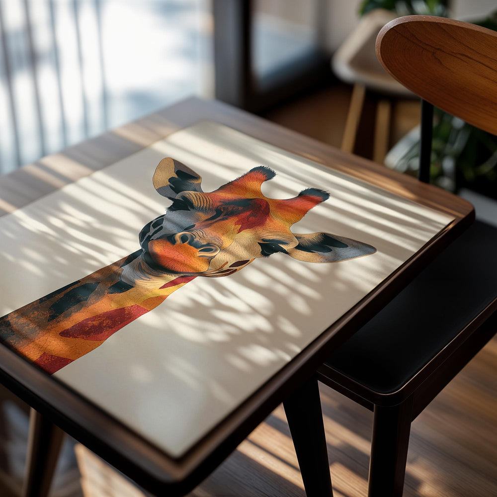 Giraffe head illustration on a beige background, as a premium aluminum metal print from GoMetalPrint.
