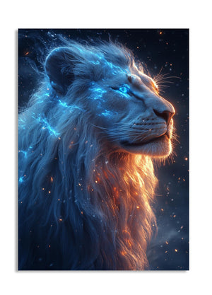 Artistic depiction of a lion with a mystical, otherworldly glow against a starry background, as a premium aluminum metal print from GoMetalPrint.
