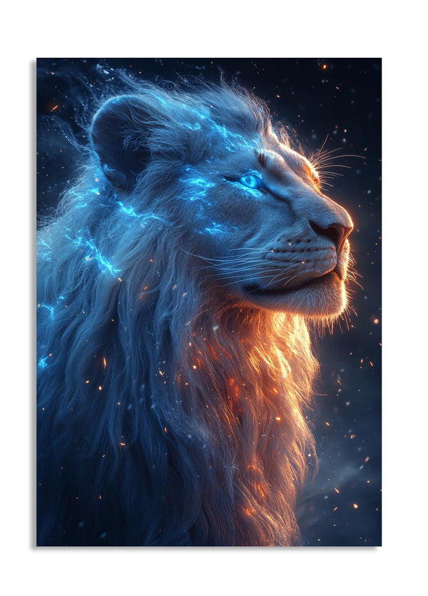 Artistic depiction of a lion with a mystical, otherworldly glow against a starry background, as a premium aluminum metal print from GoMetalPrint.
