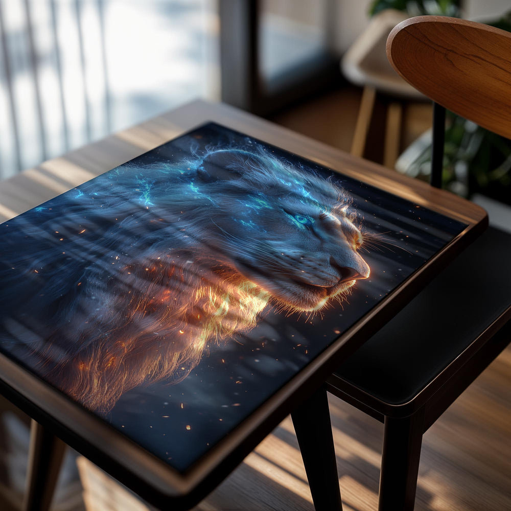 Artistic depiction of a lion with a mystical, otherworldly glow against a starry background, as a premium aluminum metal print from GoMetalPrint.
