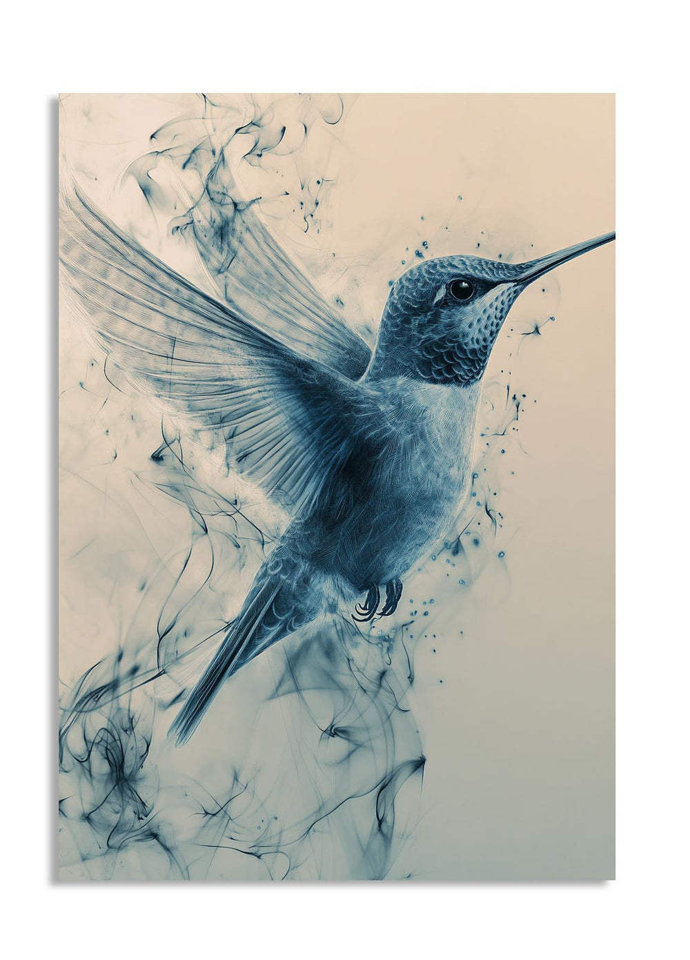 Artistic depiction of a hummingbird with blue ink smudges on a beige background, as a premium aluminum metal print from GoMetalPrint.
