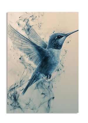 Artistic depiction of a hummingbird with blue ink smudges on a beige background, as a premium aluminum metal print from GoMetalPrint.
