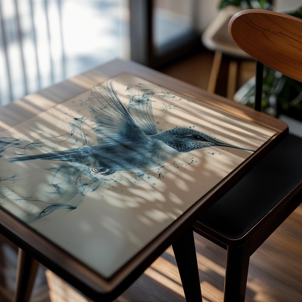 Artistic depiction of a hummingbird with blue ink smudges on a beige background, as a premium aluminum metal print from GoMetalPrint.
