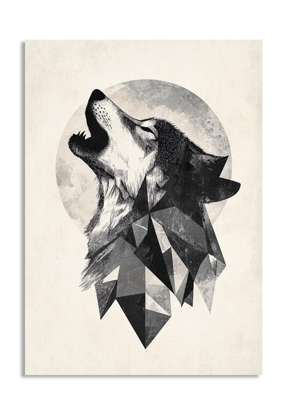 Geometric wolf design on a beige background, as a premium aluminum metal print from GoMetalPrint.
