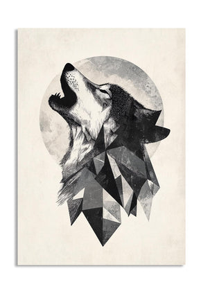 Geometric wolf design on a beige background, as a premium aluminum metal print from GoMetalPrint.
