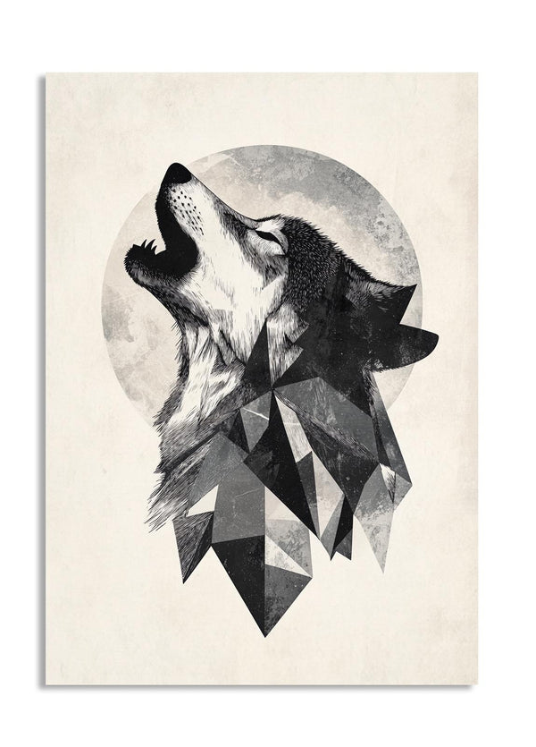 Geometric wolf design on a beige background, as a premium aluminum metal print from GoMetalPrint.
