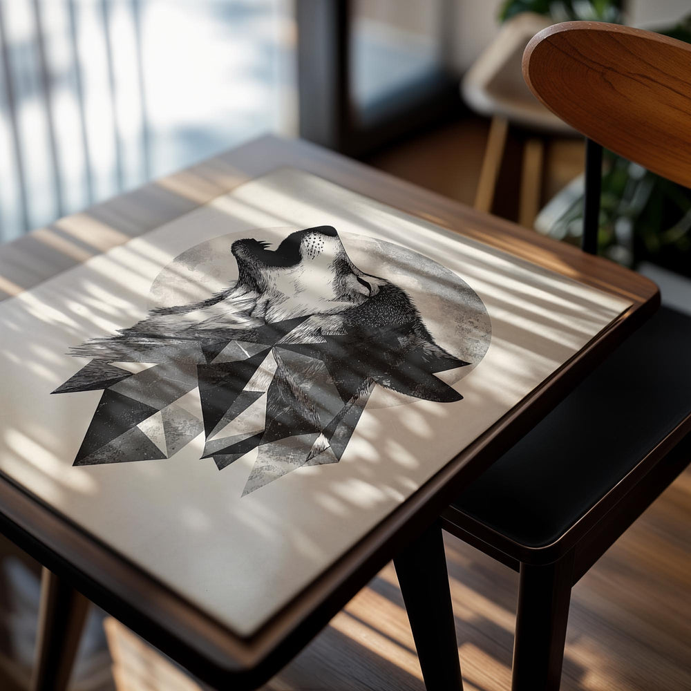 Geometric wolf design on a beige background, as a premium aluminum metal print from GoMetalPrint.
