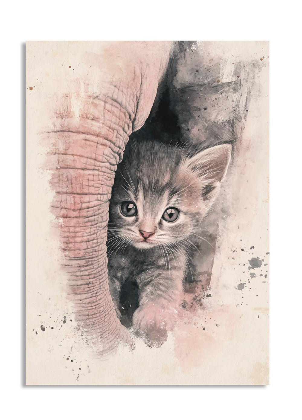 Illustration of a kitten peeking out from behind an elephant's leg with a textured background, as a premium aluminum metal print from GoMetalPrint.
