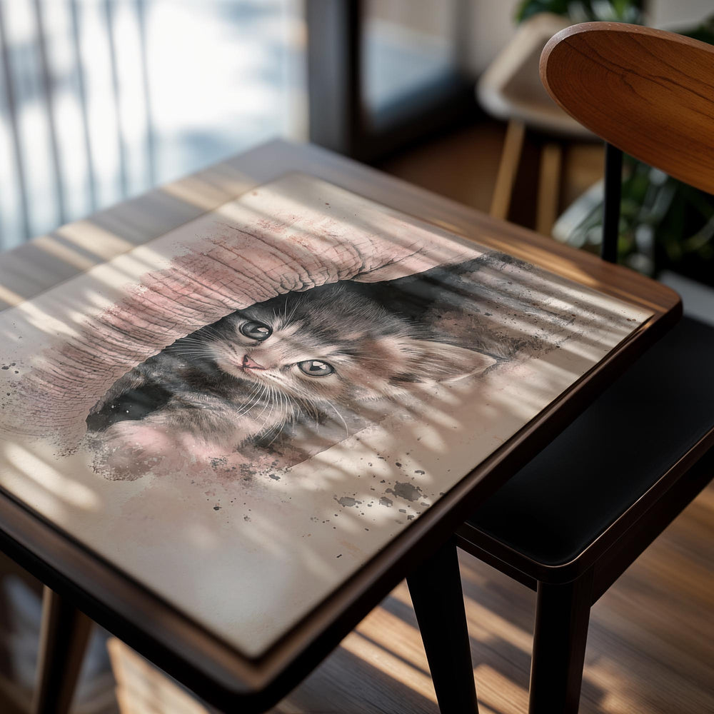 Illustration of a kitten peeking out from behind an elephant's leg with a textured background, as a premium aluminum metal print from GoMetalPrint.
