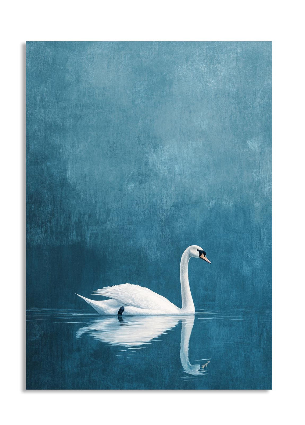White swan swimming on a blue water surface with a matching blue background , as a premium aluminum metal print from GoMetalPrint.

