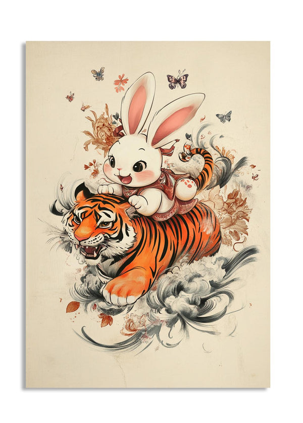 Illustration of a rabbit riding a tiger with floral elements on a beige background, as a premium aluminum metal print from GoMetalPrint.
