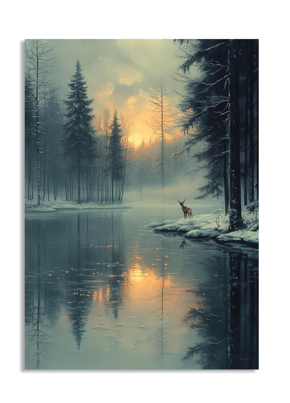 Framed artwork of a deer by a lake at sunset with trees in the background, as a premium aluminum metal print from GoMetalPrint.
