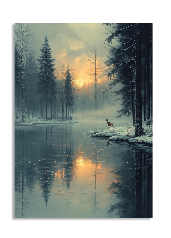 Framed artwork of a deer by a lake at sunset with trees in the background, as a premium aluminum metal print from GoMetalPrint.
