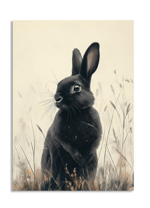 Black rabbit in a grassy field on a beige background, as a premium aluminum metal print from GoMetalPrint.
