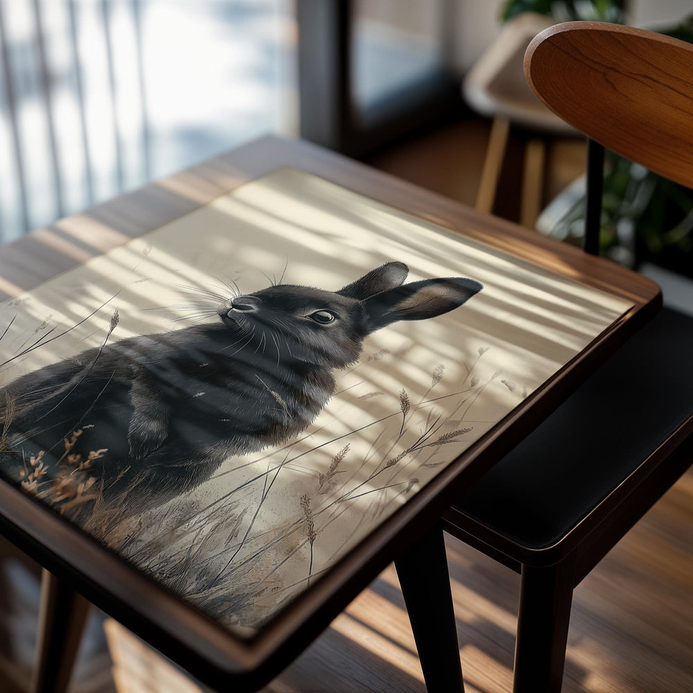 Black rabbit in a grassy field on a beige background, as a premium aluminum metal print from GoMetalPrint.
