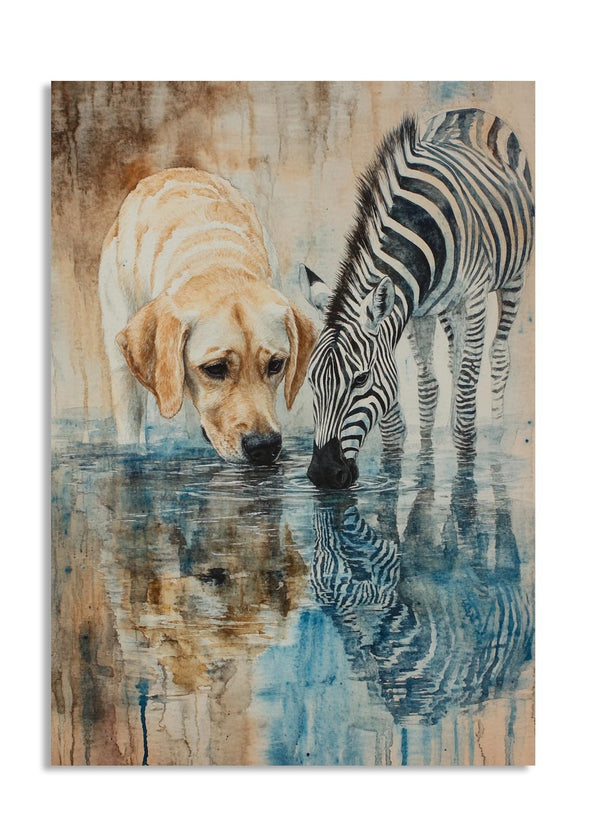 Painting of a dog and zebra drinking water together, as a premium aluminum metal print from GoMetalPrint.
