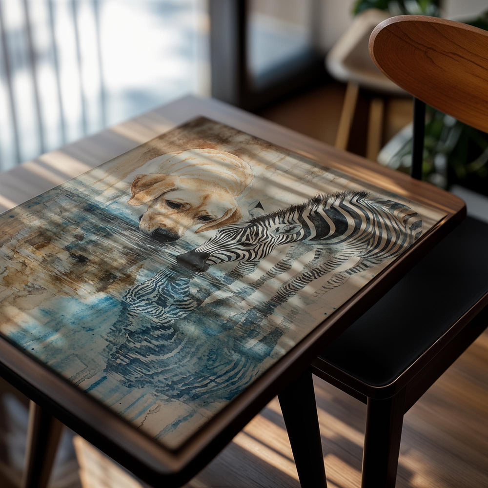 Painting of a dog and zebra drinking water together, as a premium aluminum metal print from GoMetalPrint.
