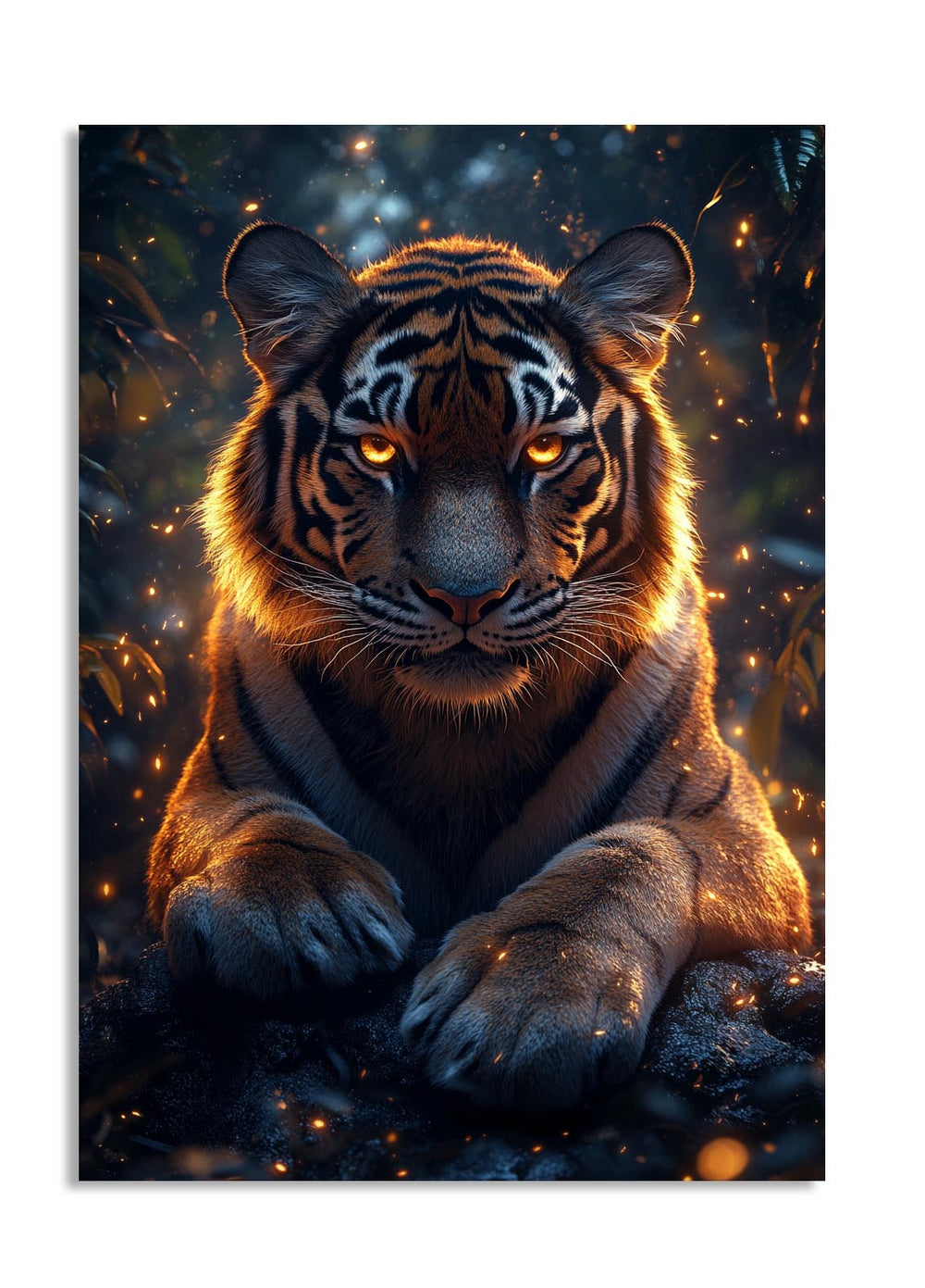 Fierce tiger in a dark forest with glowing eyes, as a premium aluminum metal print from GoMetalPrint.
