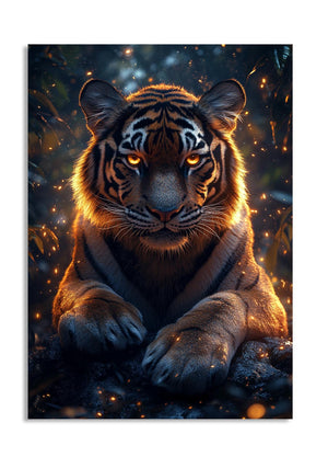 Fierce tiger in a dark forest with glowing eyes, as a premium aluminum metal print from GoMetalPrint.
