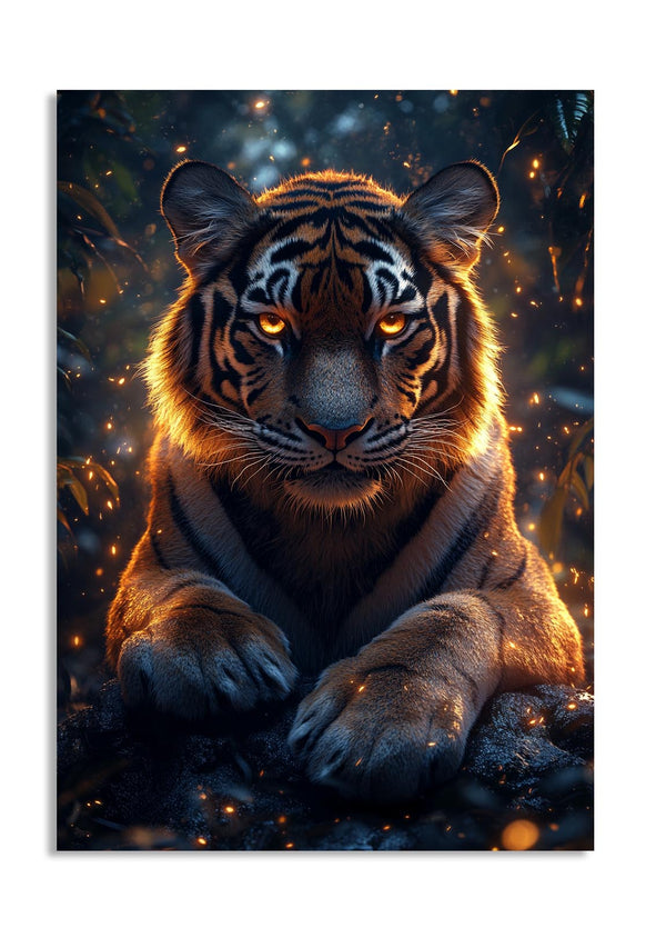 Fierce tiger in a dark forest with glowing eyes, as a premium aluminum metal print from GoMetalPrint.
