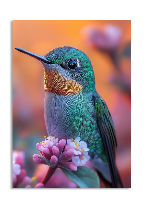 Close-up of a colorful hummingbird perched on flowers with a blurred background, as a premium aluminum metal print from GoMetalPrint.
