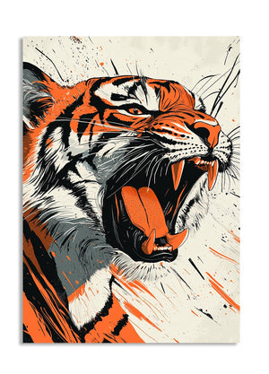 Stylized painting of a roaring tiger with orange, black, and white colors on a light background, as a premium aluminum metal print from GoMetalPrint.
