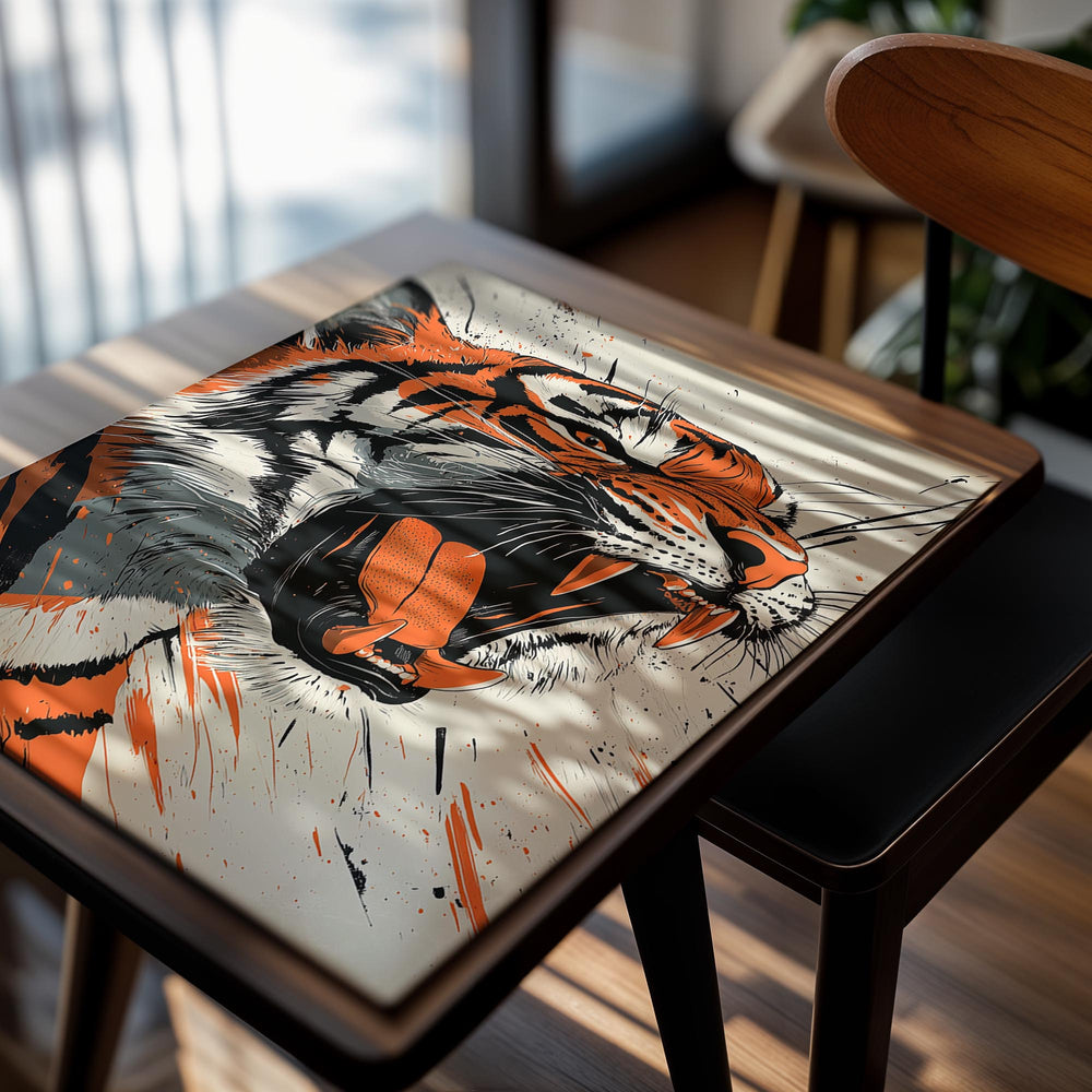 Stylized painting of a roaring tiger with orange, black, and white colors on a light background, as a premium aluminum metal print from GoMetalPrint.
