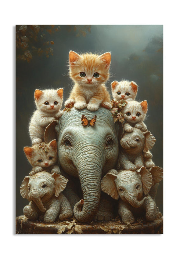 Illustration of a kitten sitting on an elephant surrounded by baby elephants and a butterfly, as a premium aluminum metal print from GoMetalPrint.
