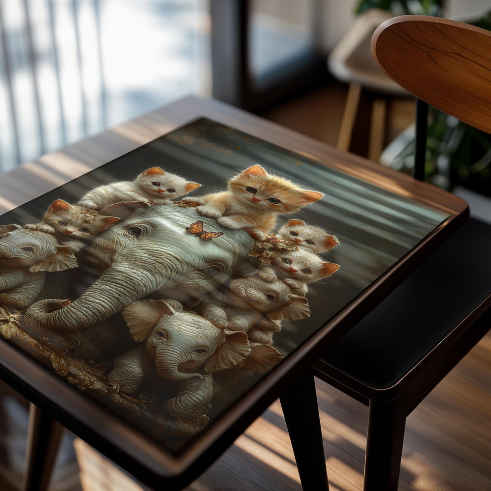 Illustration of a kitten sitting on an elephant surrounded by baby elephants and a butterfly, as a premium aluminum metal print from GoMetalPrint.
