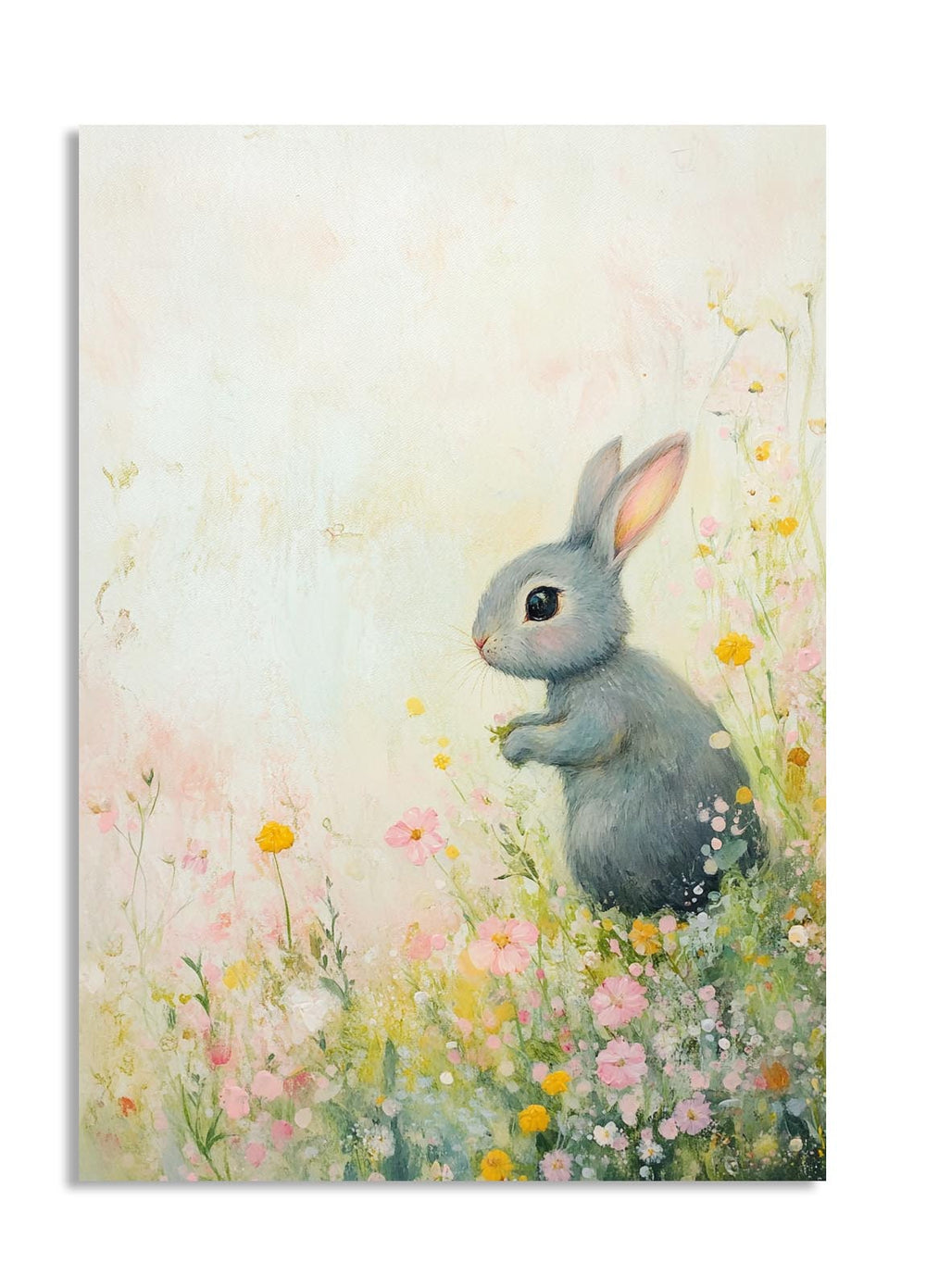 Painting of a rabbit in a field of flowers with a soft, pastel color palette, as a premium aluminum metal print from GoMetalPrint.
