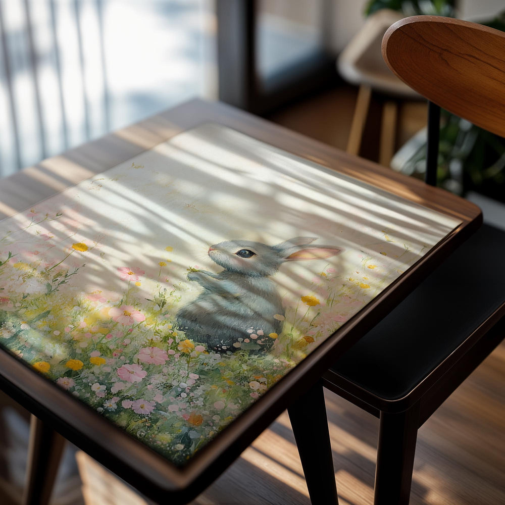 Painting of a rabbit in a field of flowers with a soft, pastel color palette, as a premium aluminum metal print from GoMetalPrint.
