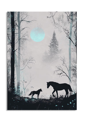 Two horses walking through a forest with a moonlit sky, as a premium aluminum metal print from GoMetalPrint.
