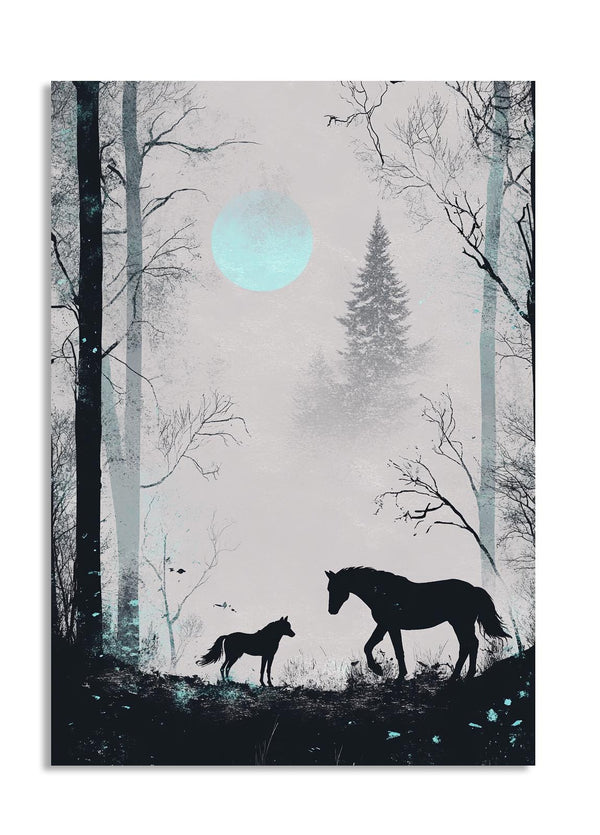 Two horses walking through a forest with a moonlit sky, as a premium aluminum metal print from GoMetalPrint.
