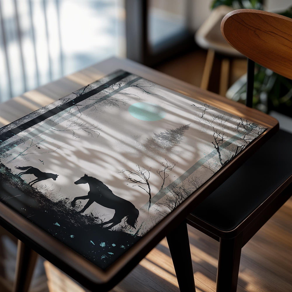 Two horses walking through a forest with a moonlit sky, as a premium aluminum metal print from GoMetalPrint.
