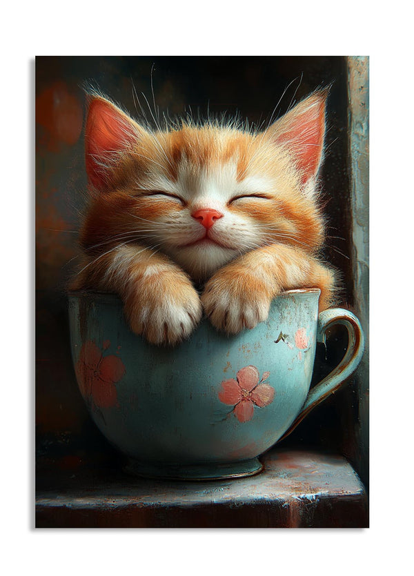 Sleeping kitten in a decorative teacup with floral patterns, as a premium aluminum metal print from GoMetalPrint.
