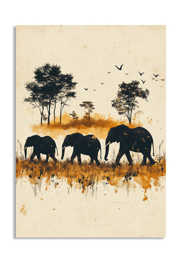 Art print of three elephants walking through a landscape with trees and birds , as a premium aluminum metal print from GoMetalPrint.
