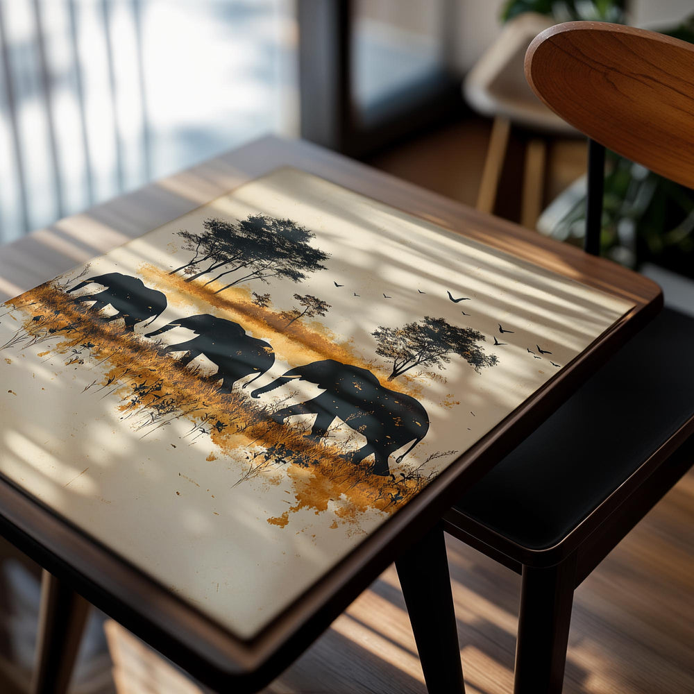 Art print of three elephants walking through a landscape with trees and birds , as a premium aluminum metal print from GoMetalPrint.
