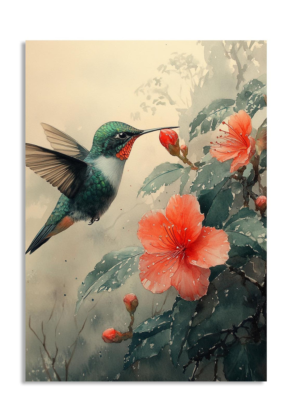 Hummingbird perched on a branch with red flowers against a soft, blurred background, as a premium aluminum metal print from GoMetalPrint.
